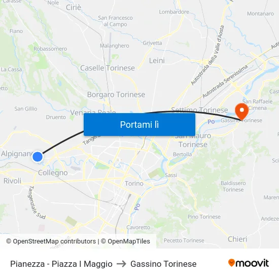 Pianezza - Piazza I Maggio to Gassino Torinese map
