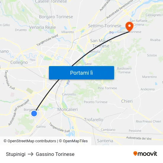 Stupinigi to Gassino Torinese map