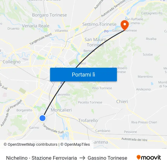 Nichelino - Stazione Ferroviaria to Gassino Torinese map