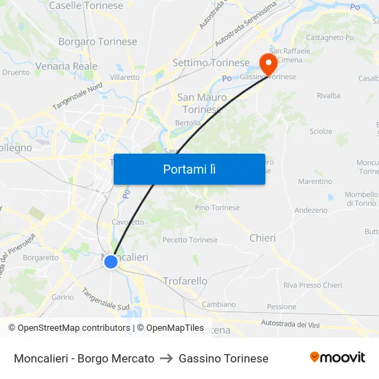Moncalieri - Borgo Mercato to Gassino Torinese map