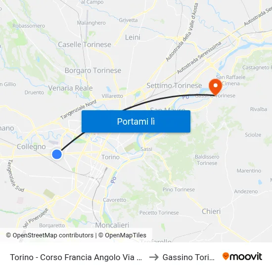 Torino - Corso Francia Angolo Via Pasteur to Gassino Torinese map