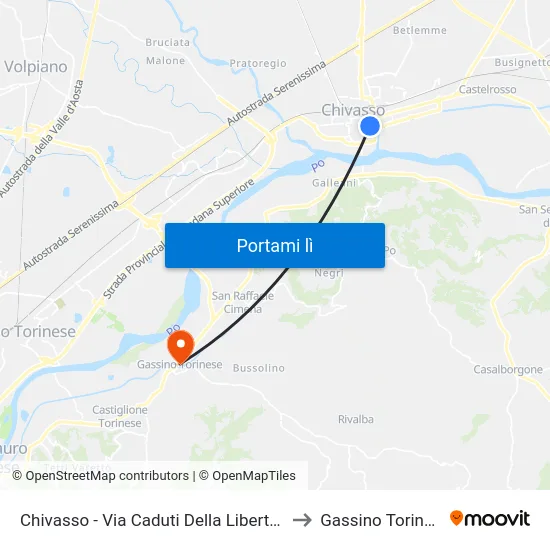 Chivasso - Via Caduti Della Liberta'  46 to Gassino Torinese map