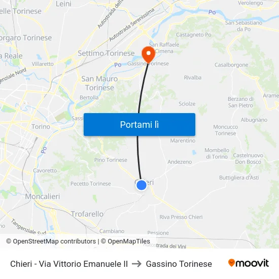 Chieri - Via Vittorio Emanuele II to Gassino Torinese map