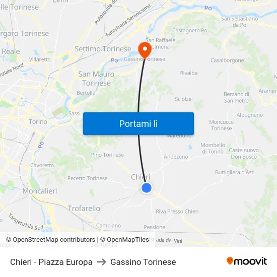 Chieri - Piazza Europa to Gassino Torinese map