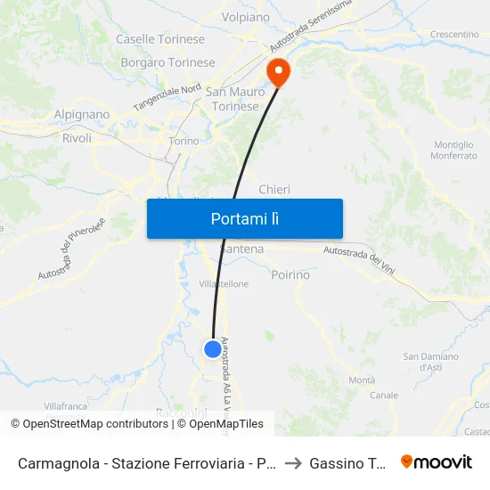 Carmagnola - Stazione Ferroviaria - Piazza XXX Aprile to Gassino Torinese map