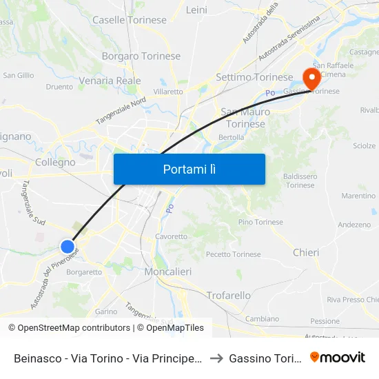 Beinasco - Via Torino - Via Principe Amedeo to Gassino Torinese map