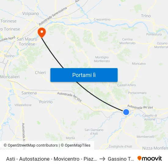 Asti - Autostazione - Movicentro - Piazzale Medaglie D'Oro to Gassino Torinese map