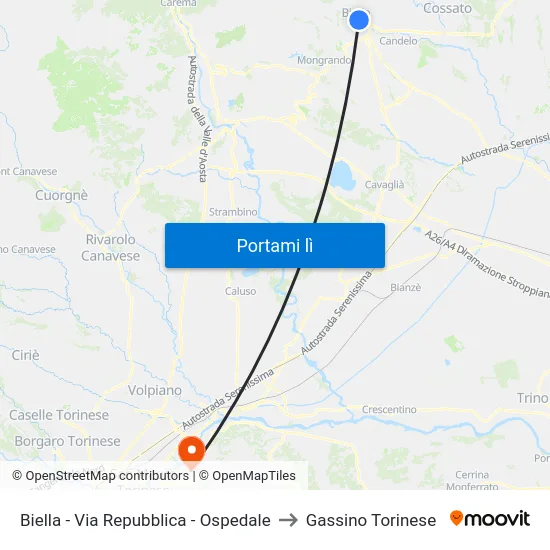 Biella - Via Repubblica - Ospedale to Gassino Torinese map