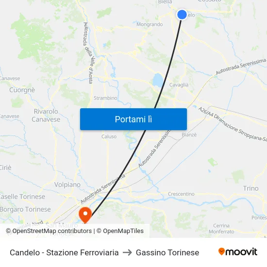 Candelo - Stazione Ferroviaria to Gassino Torinese map