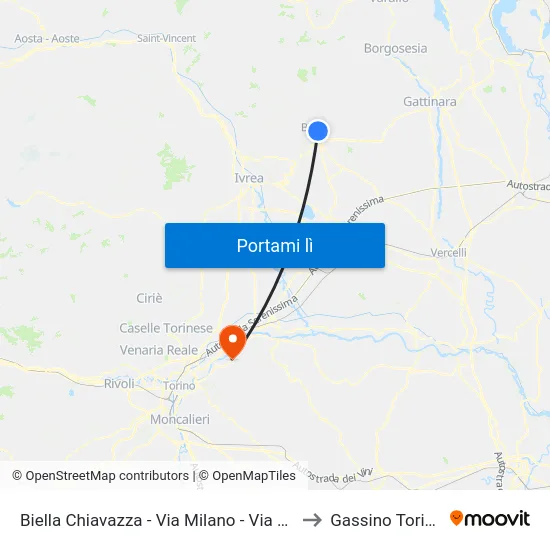 Biella Chiavazza - Via Milano - Via Rosazza to Gassino Torinese map