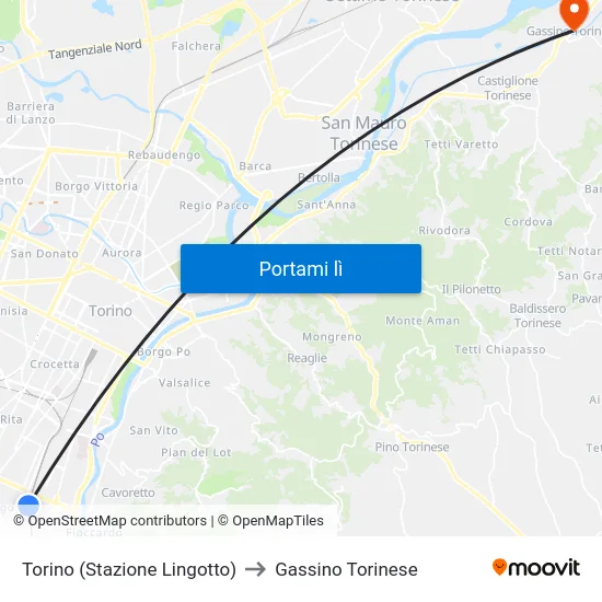 Torino (Stazione Lingotto) to Gassino Torinese map