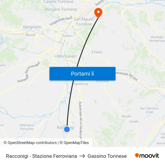 Racconigi - Stazione Ferroviaria to Gassino Torinese map