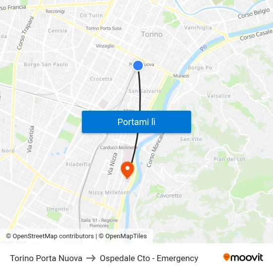 Torino Porta Nuova to Ospedale Cto - Emergency map