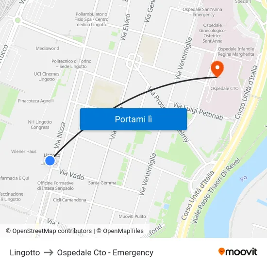 Lingotto to Ospedale Cto - Emergency map