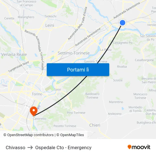 Chivasso to Ospedale Cto - Emergency map