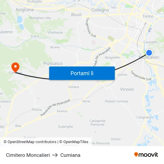 Cimitero Moncalieri to Cumiana map