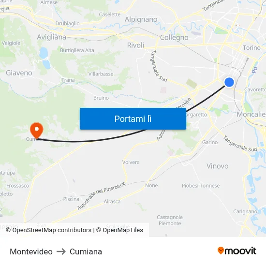 Montevideo to Cumiana map