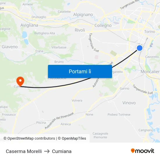 Caserma Morelli to Cumiana map