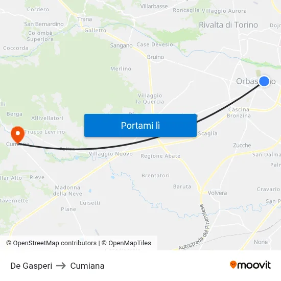 De Gasperi to Cumiana map