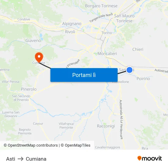 Asti to Cumiana map