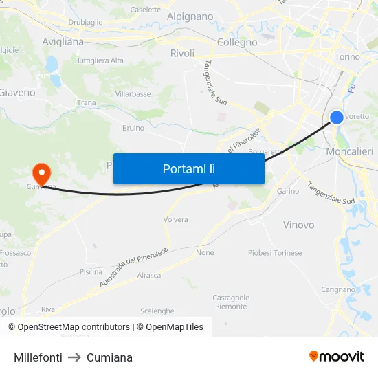 Millefonti to Cumiana map