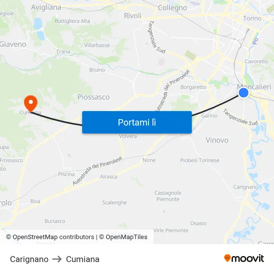 Carignano to Cumiana map