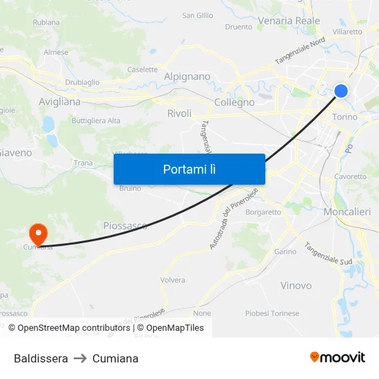 Baldissera to Cumiana map