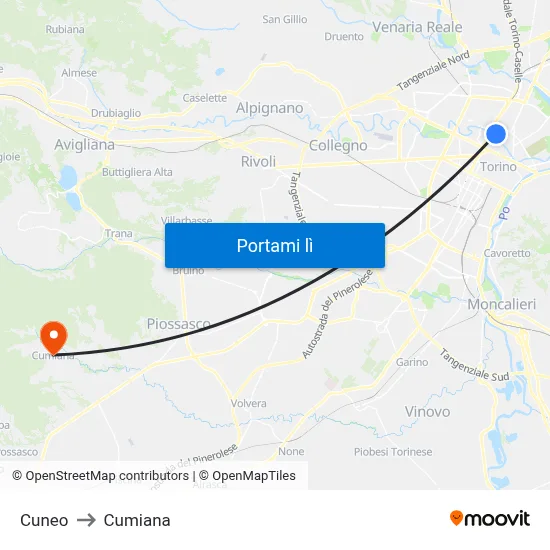 Cuneo to Cumiana map