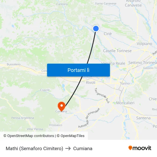 Mathi (Semaforo Cimitero) to Cumiana map