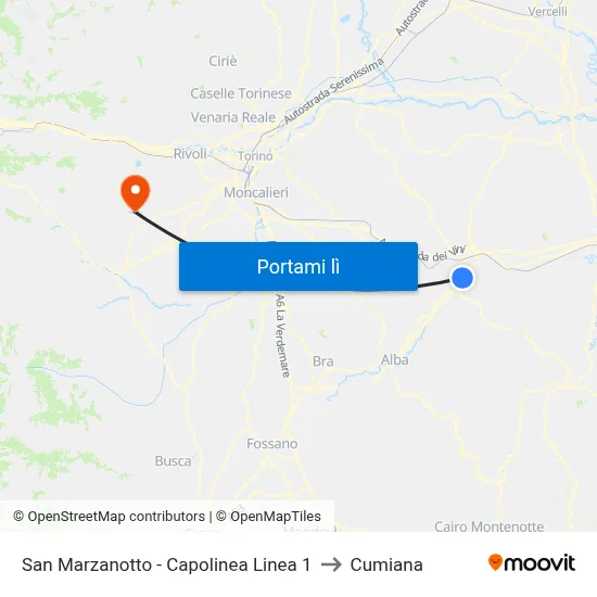 San Marzanotto - Capolinea Linea 1 to Cumiana map