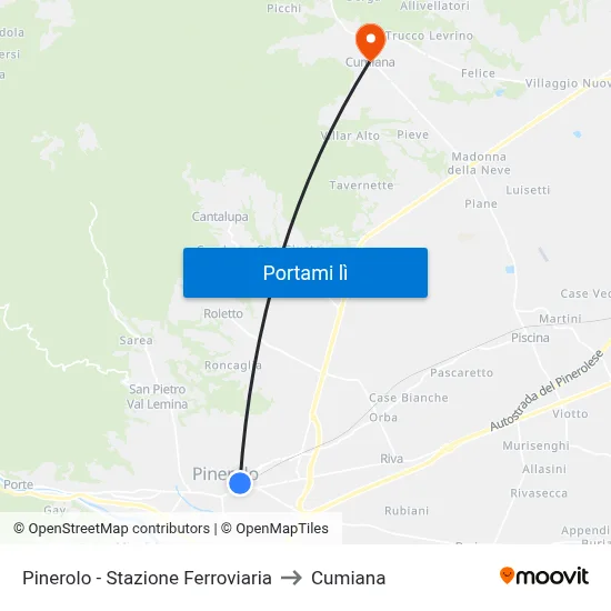 Pinerolo - Stazione Ferroviaria to Cumiana map