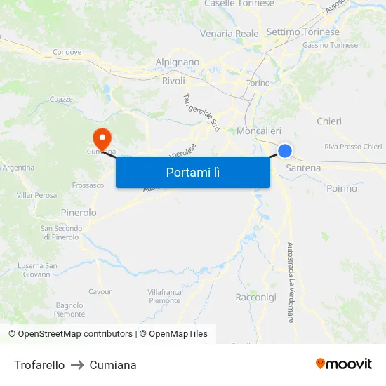 Trofarello to Cumiana map