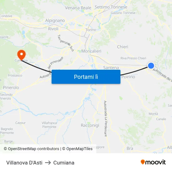 Villanova D'Asti to Cumiana map
