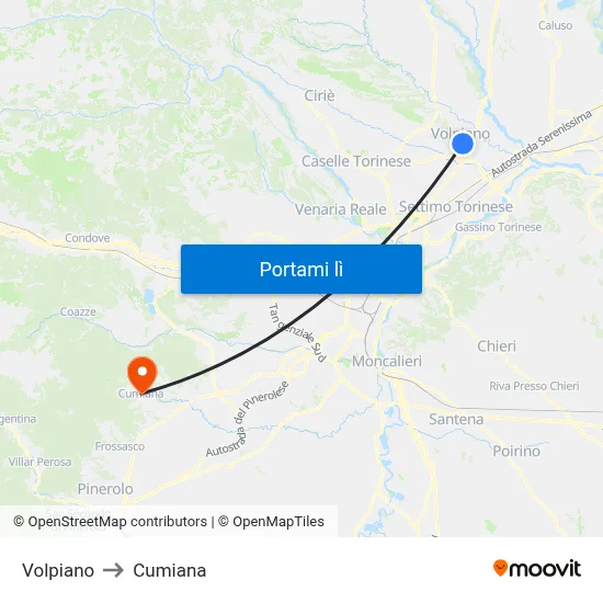 Volpiano to Cumiana map
