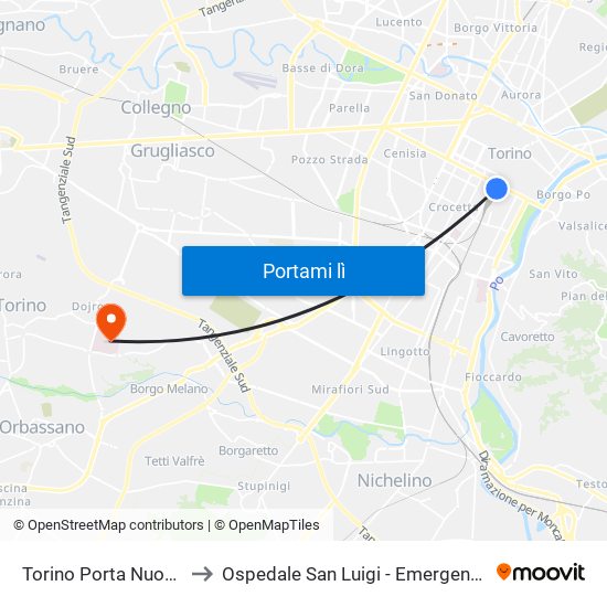 Torino Porta Nuova to Ospedale San Luigi - Emergency map