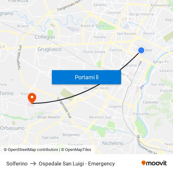 Solferino to Ospedale San Luigi - Emergency map