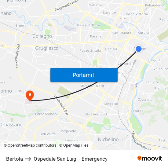 Bertola to Ospedale San Luigi - Emergency map