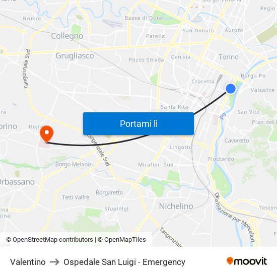 Valentino to Ospedale San Luigi - Emergency map
