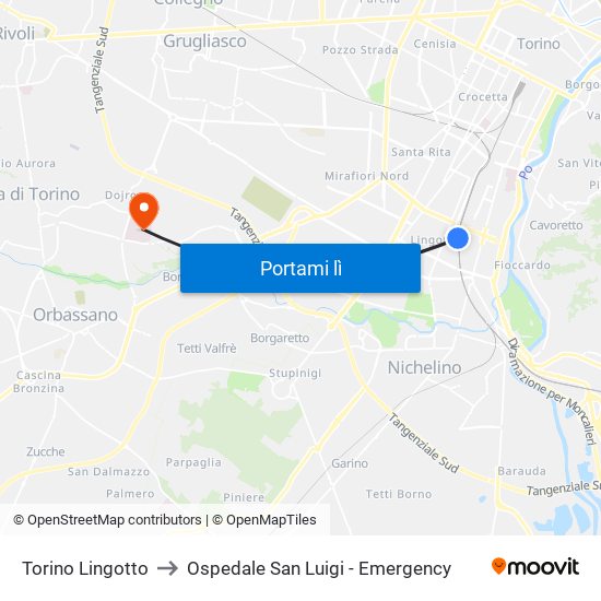 Torino Lingotto to Ospedale San Luigi - Emergency map