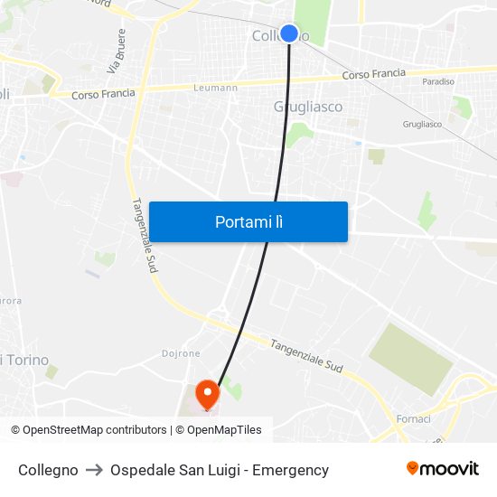 Collegno to Ospedale San Luigi - Emergency map