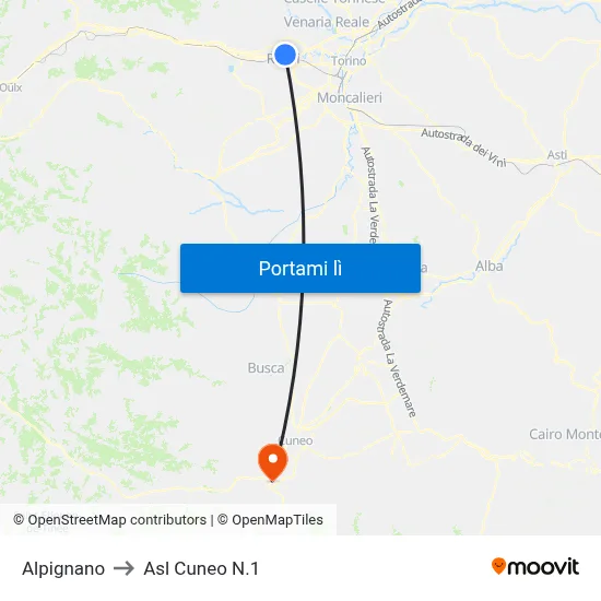 Alpignano to Asl Cuneo N.1 map