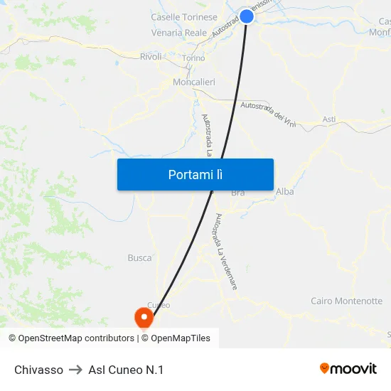 Chivasso to Asl Cuneo N.1 map