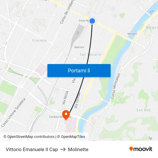 Vittorio Emanuele II Cap to Molinette map