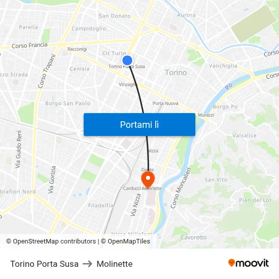 Torino Porta Susa to Molinette map
