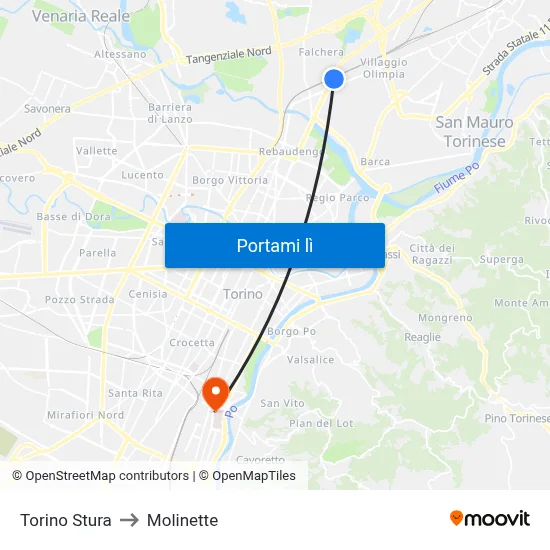 Torino Stura to Molinette map