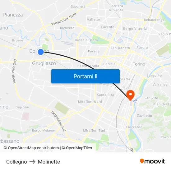 Collegno to Molinette map