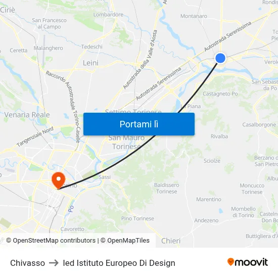 Chivasso to Ied Istituto Europeo Di Design map