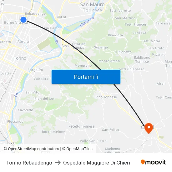 Torino Rebaudengo to Ospedale Maggiore Di Chieri map