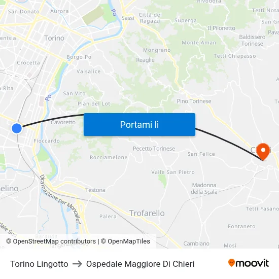 Torino Lingotto to Ospedale Maggiore Di Chieri map