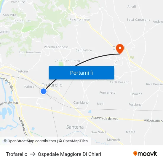 Trofarello to Ospedale Maggiore Di Chieri map